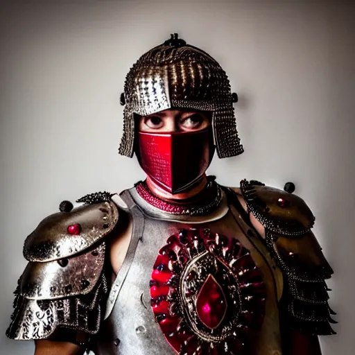 Image similar to photo of a real-life beautiful warrior with ruby encrusted armour