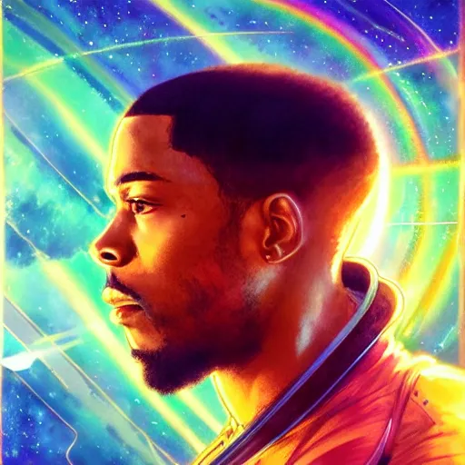 Prompt: scifi character portrait of Kid Cudi piloting a spaceship, light leak, rainbow spectrum, intricate, wild, highly detailed, digital painting, artstation, concept art, smooth, sharp focus, illustration, art by artgerm and greg rutkowski and alphonse mucha