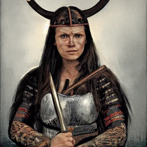 Prompt: A head and shoulders portrait of a fierce female viking warrior holding an axe