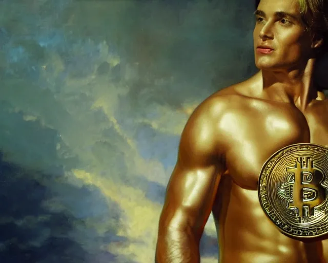 Image similar to attractive oiled up glossy man posing in front of a huge golden bitcoin, angelic light, commercial by annie liebovitz, gaston bussiere, craig mullins, j. c. leyendecker