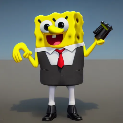 Image similar to cute spongebob in a suit while holding a at - 1 5, cartoon, digital art, 3 d rendered in octane, pixar character, blender, maya, shadows, lighting depth of view