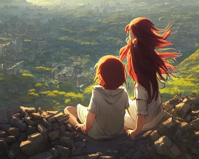 Image similar to a boy and a girl sitting on a hill overlooking the apocalyptic ruins of a city, rubble, ruins, post-apocalyptic, gloomy, end of the world, dust. Girl has long, flowing auburn hair. By Makoto Shinkai, Stanley Artgerm Lau, WLOP, Rossdraws, James Jean, Andrei Riabovitchev, Marc Simonetti, krenz cushart, Sakimichan, D&D trending on ArtStation, digital art.