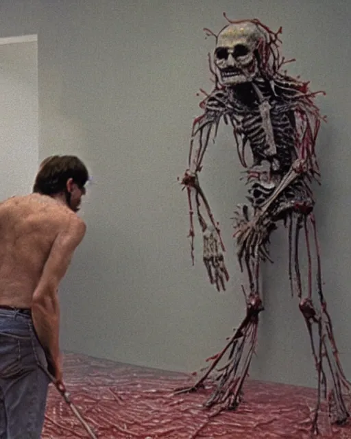 Prompt: realistic detailed image of a ribcage and a crying man holding a hammer in style of Francis Bacon and Willem de kooning, interior room, messy living room. Still from 1982 movie The Thing. Beksiński Masterpiece