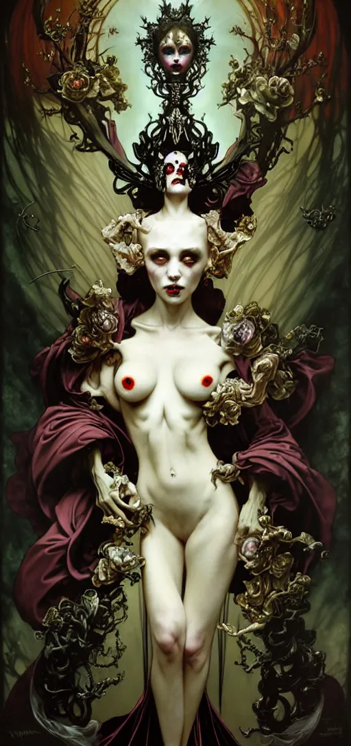 Image similar to baroque oil painting of vampire princess in gothic robes, by nekro, peter mohrbacher, alphonse mucha, brian froud, yoshitaka amano, kim keever, victo ngai, james jean