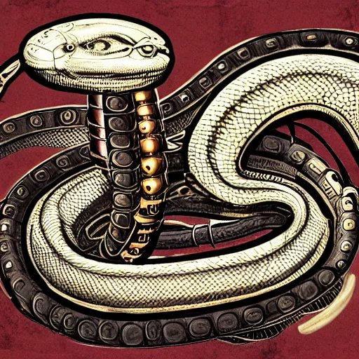 Prompt: a steampunk robotic snake, super - detailed, dark background,