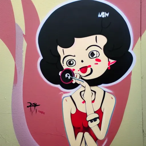 Prompt: smoking betty boop painting by derek yu, matte paint, street art, : 5 graffiti, hard edges, geometric shapes, by sachin teng : 6