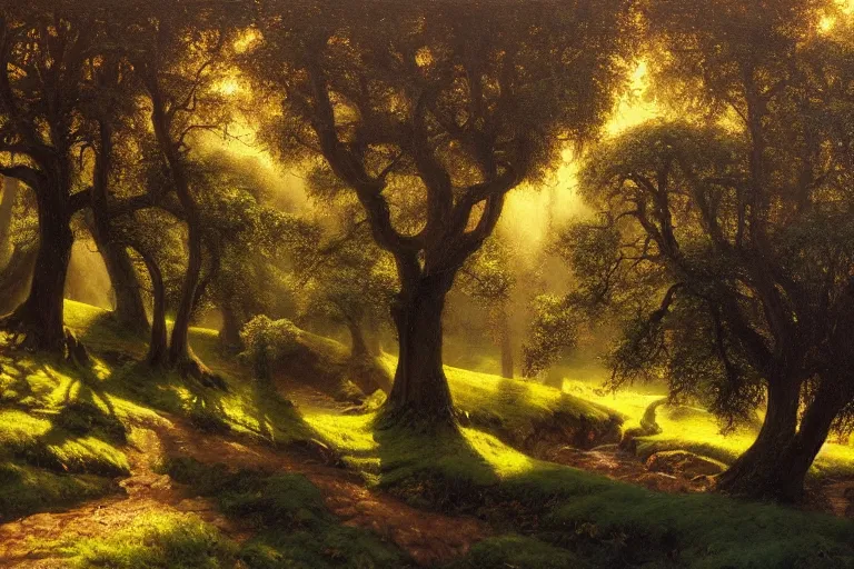 Image similar to masterpiece painting of oak trees on a hillside overlooking a creek, dramatic lighting, by mariusz lewandowski