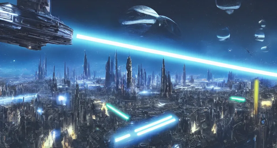 Prompt: a giant, futuristic city where everything is off the ground and is colored blue and gold, in the style of a star wars city, computer wallpaper