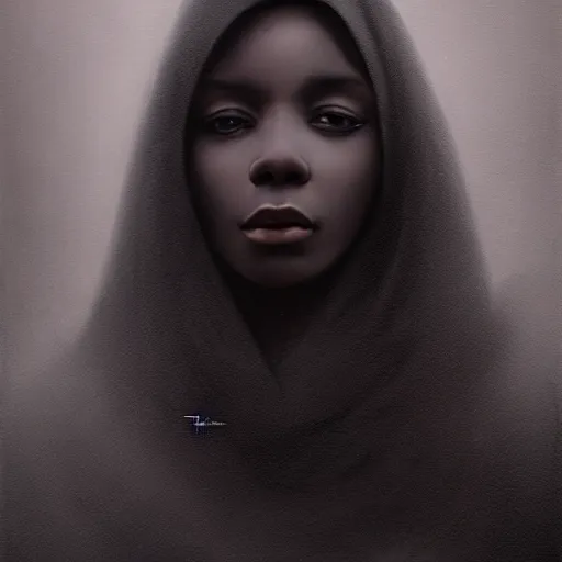 Image similar to a portrait of a young black woman wearing a long dark cloak, hood and shadows covering face, anatomically correct, beautiful perfect face, enigmatic, oil painting, matte painting, black background, Volumetric dynamic lighting, Highly Detailed, Cinematic Lighting, Unreal Engine, 8k, HD, by Beksinski