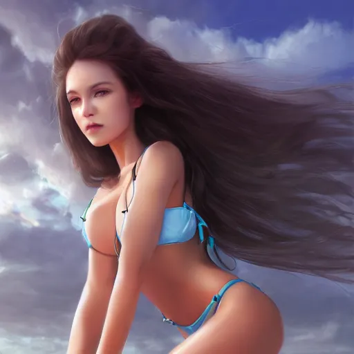 Image similar to a giant macro very beautiful young c. c. sitting on a micro house, full body, long wavy hair, sky blue eyes, full round face, bikini, miniskirt,, cinematic wallpaper by stanley artgerm lau
