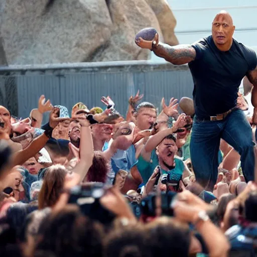 Image similar to photo of Dwayne Johnson throwing a rock to a group of his exited fans