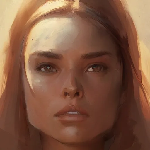 Image similar to Portrait of a woman by Greg Rutkowski, she is about 20 years old, brown long and straight hair, pretty oval face, attractive, Artstation HQ