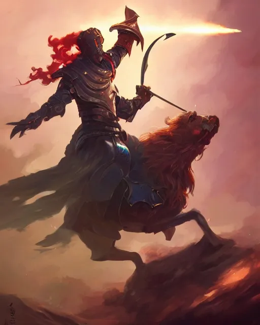 Image similar to action portrait of a noble knight fighting while casting spells with his swords, 4K trending on artstation by peter mohrbacher