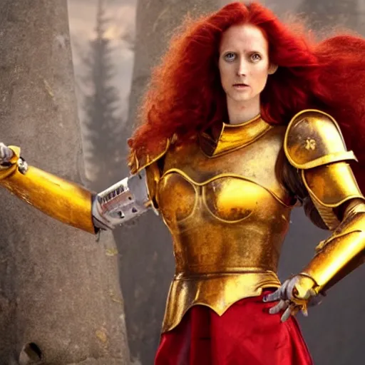 Prompt: a tall, red - haired female knight wearing golden armor and a right golden prosthetic arm, longer than her left arm. she wields a long golden blade