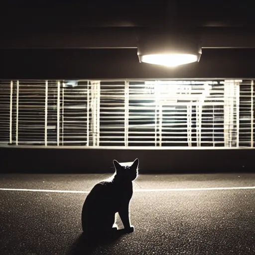 Image similar to a cat waiting at an overhead carpark at night, cinematic lighting