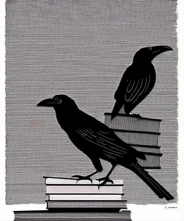 Image similar to crow perched on top of a stack of books, art by james o barr and albrecht durer, woodblock print, engraved, black and white, vector, vector art