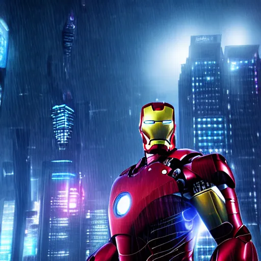 Image similar to A hyperdetailed photograph of Iron Man flying through the skies of a cyberpunk, futuristic city, night, dense fog, rain, HD, 8K resolution, unreal engine 5