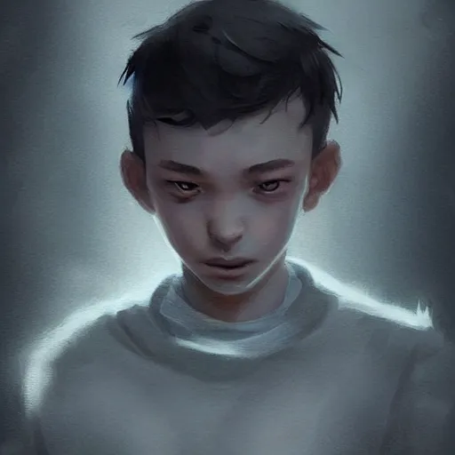 Prompt: Boy who was hurt+dark+gloomy+sad+8k+concept art +trending on artstation+by rossdraws and greg rutkowski