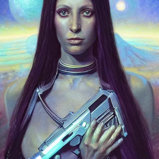 Image similar to pleiadian woman with big eyes and long silver hair wearing a dark body suit and holding a plasma gun as a realistic sci fi character, portrait art by donato giancola and greg rutkowski, digital art, trending on artstation, standing in a barren field