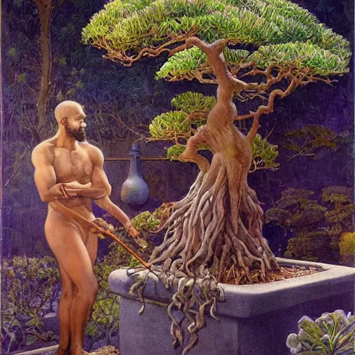 Image similar to Muscular African gardener cutting bonsai trees, grey Hair, idyllic Garden, by Annie Swynnerton and Nicholas Roerich and jean delville, glowing paper lanterns, strong dramatic cinematic lighting , ornate tiled architecture, lost civilizations, smooth, sharp focus, extremely detailed