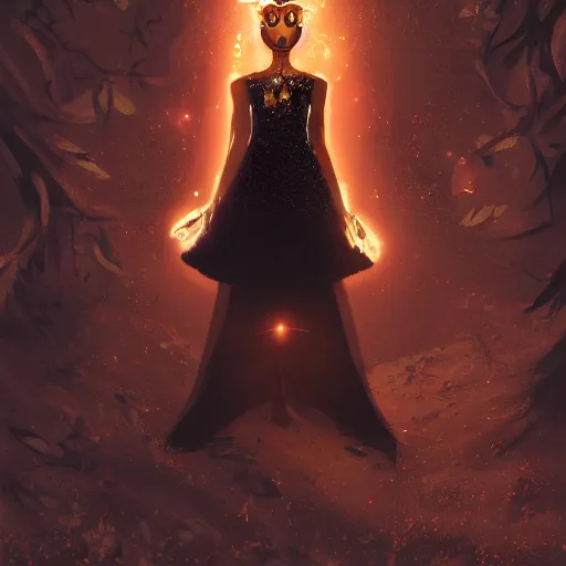 Image similar to redhead girl in black dress in beautiful castle, black pearls and golden gems, glowing eyes, light freckles, portrait, biomech, conceptart, medium shot, unreal, octane, symmetrical, photorealism