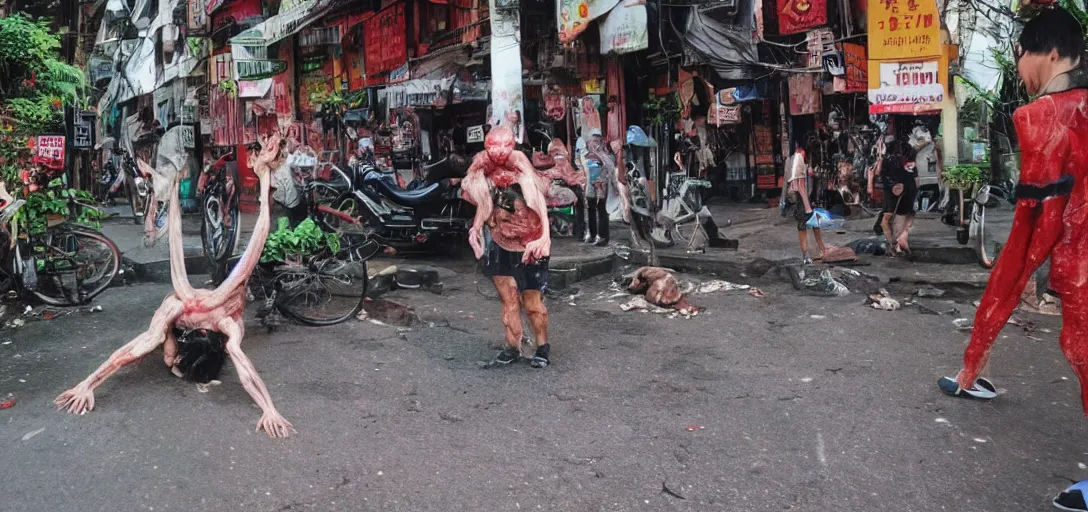 Prompt: 2 0 2 2, disposable camera, flash, pov, hanoi street spider male : creature, many legs, standing, meat, ooze, slime, veins, wet