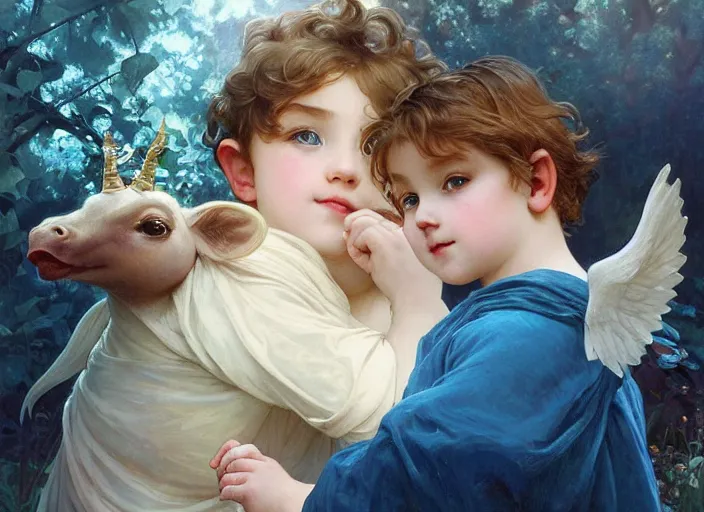 Prompt: a cute little boy with a round cherubic face, short blonde hair and blue eyes meeting an elegant unicorn, beautiful fantasy painting by artgerm and greg rutkowski and alphonse mucha