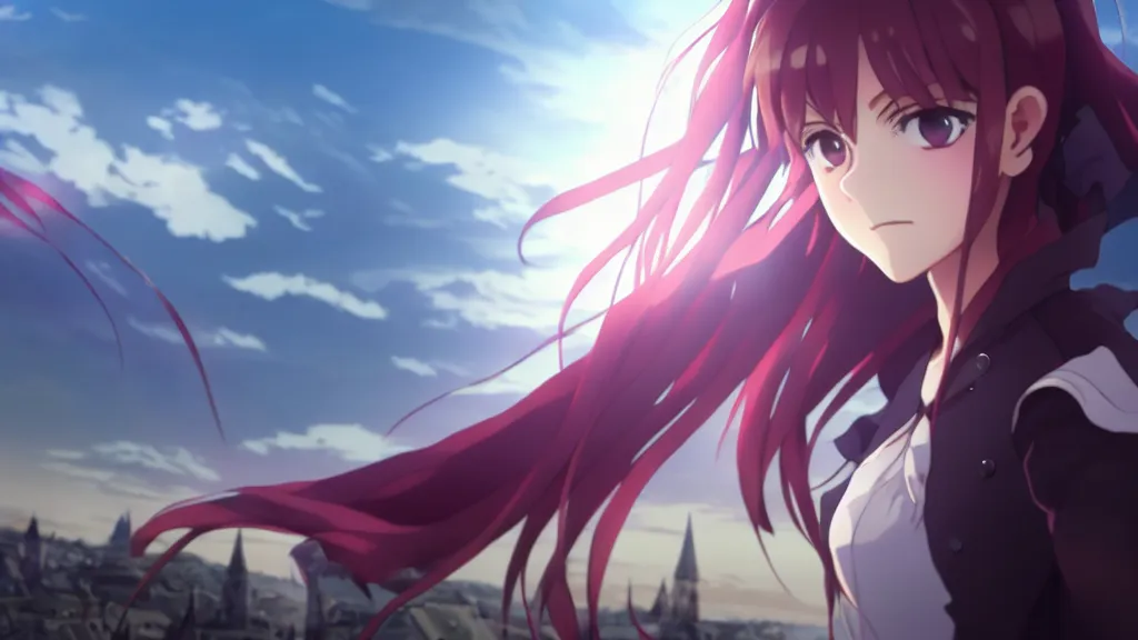 Prompt: emma watson, heavens feel movie, demon slayer, ufotable, kyoani, high quality, artstation, key visual, cinematic, city background, night time, rooftop, fate stay night, unlimited blade works, greg rutkowski, high resolution, dynamic pose, extreme close up, rin outfit, anime, high angle, high budget