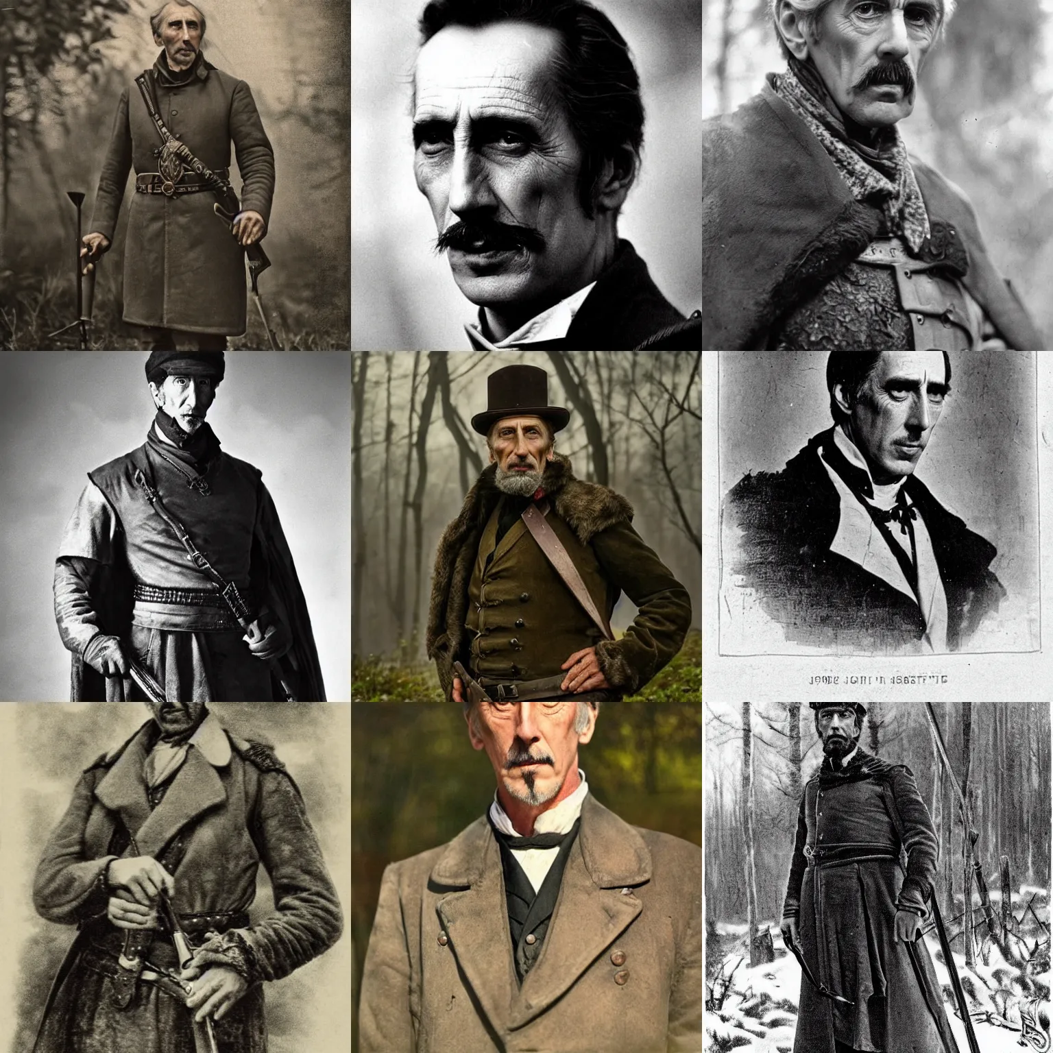 Prompt: a middle aged, martial, stark 19th century eastern european hunter with a large gray goatee looks similar to Jonathan Hyde and young Christopher Lee. The background is a eastern european forrest. cinematic lighting, highly detailed, realistic, antique photography