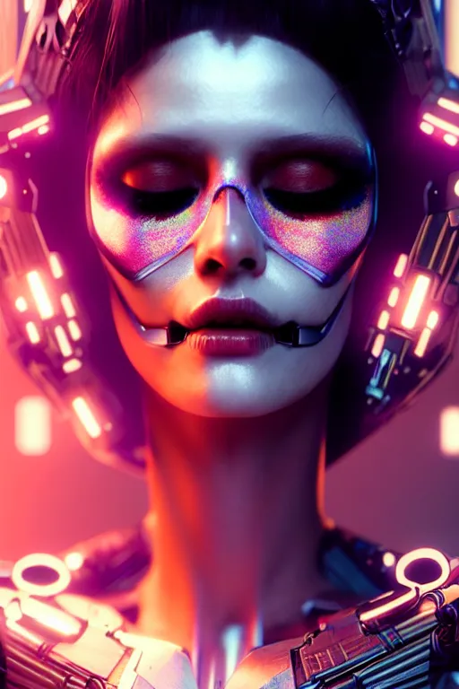 Prompt: beautiful android woman, eyes closed, photorealistic cinematic, 3 d model, cyborg, postcyberpunk, blade runner, octane render, concept art, vogue, 8 k, intricate detailed environment ( ( el dia los muertos ) ). by terry oneill and artgerm and kuciara and mucha