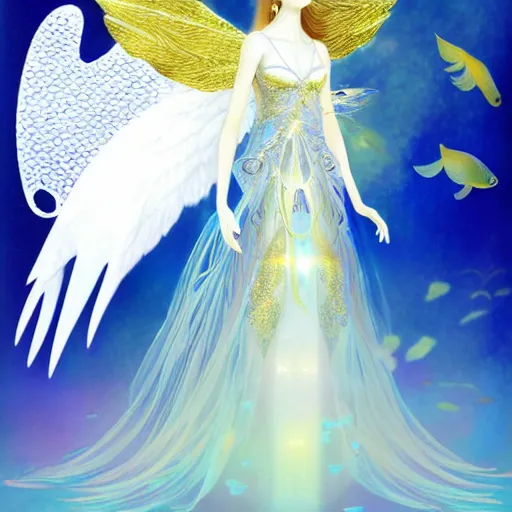 Image similar to anthropomorphic angel with betta fish dress, white and gold color palette, by Yoshitaka Amano, ethereal, dreamy, god rays