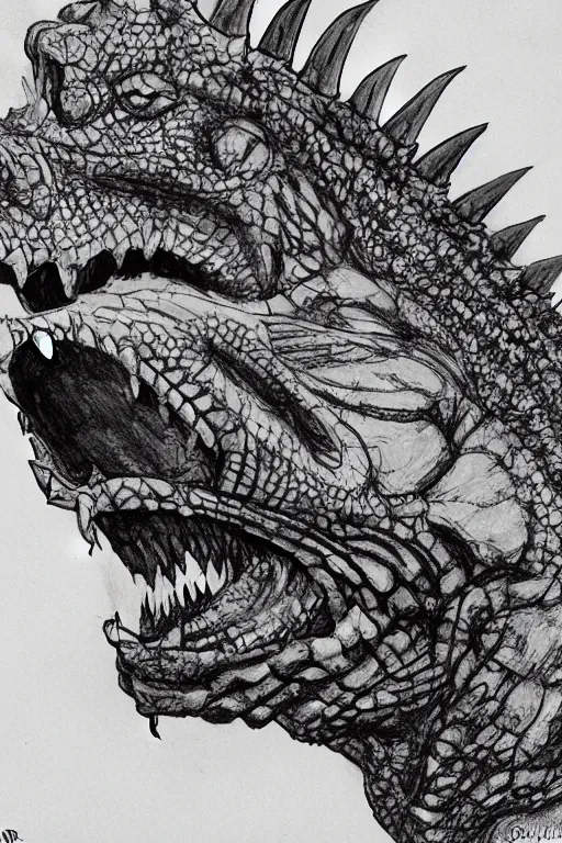 Image similar to the head of Godzilla, kaiju, sea creature, crocodile, sharp teeth, scary look, angry iguana by carlos huante