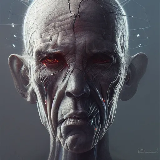 Image similar to centered front face portrait art of an ultradetailed evil neuronal cyborg, by greg rutkowski and Zdzisław Beksiński, illustration, photorealistic, 8k, intricate, futuristic, dramatic light, trending on cg society