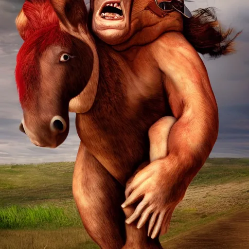 Image similar to Red ogre riding a horse, funny, portrait, realistic, HD,