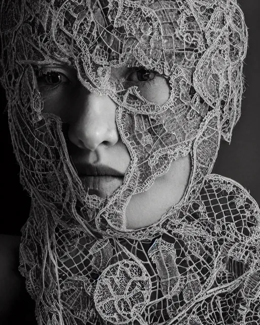 Prompt: close up of a woman's face, made of intricate decorative lace leaf skeleton, in the style of the dutch masters and gregory crewdson, dark and moody