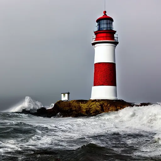 Image similar to close up of light house on cliffs with rough seas and high waves, stormy unreal 5