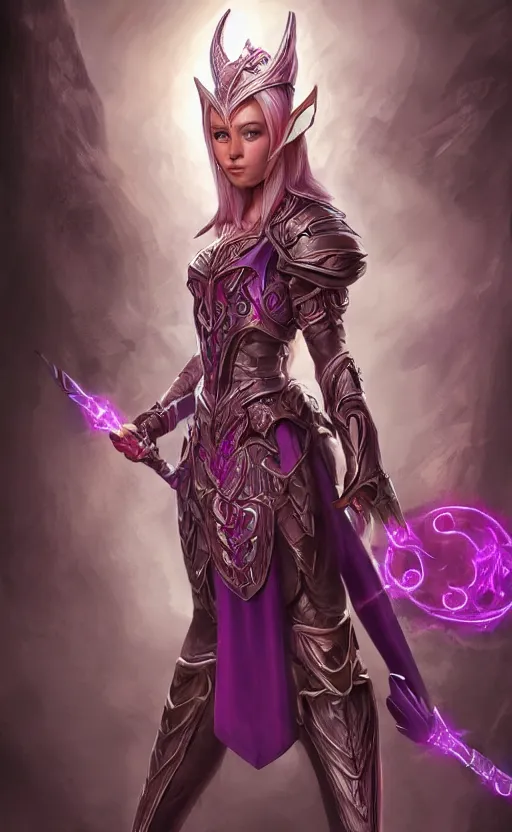 Image similar to a full body portrait of an elven woman with pink skin, and armor fit for a queen, wearing purple headphones, and smiling, dynamic lighting, photorealistic fantasy concept art, trending on art station, stunning visuals, creative, cinematic, ultra detailed