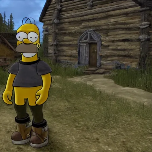 Image similar to homer simpson as an npc in skyrim, the elder scrolls video game screenshot