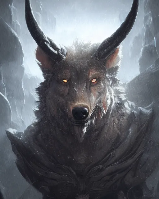 Image similar to A minotaur as a wolf, terrifying face, highly detailed face, close-up, fantasy art, monster art, in the style of greg rutkowski, illustration, epic, fantasy, intricate, hyper detailed, artstation, concept art, smooth, sharp focus, ray tracing