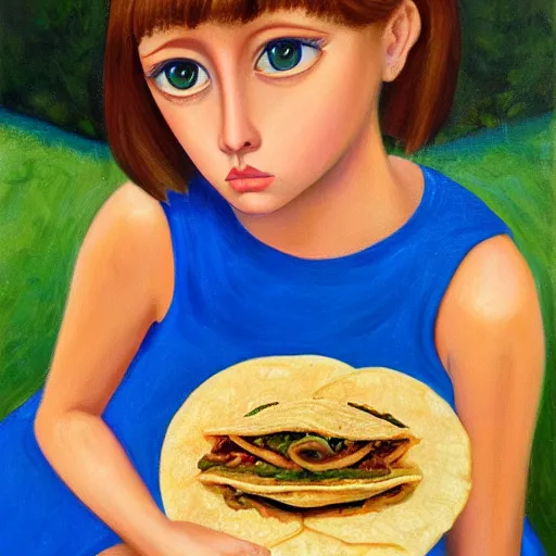 Image similar to orphan girl pondering a taco. oil on canvas painting by margaret keane.