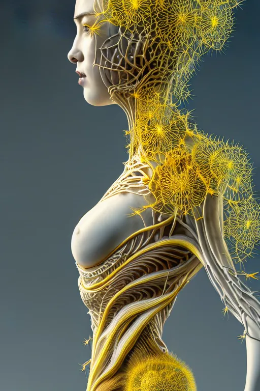 Image similar to intricate hyper detailed ultra sharp 3 d render of a beautiful porcelain biomechanical woman profile portrait, large pore fungi embroidered, cyberpunk art nouveau, haute couture leaves stems blooming dahlia transparent fractal dandelion yellow pistil filigree roots, intricate details, octane render, volumetric cinematic lighting, vray tracing, 8 k post - production