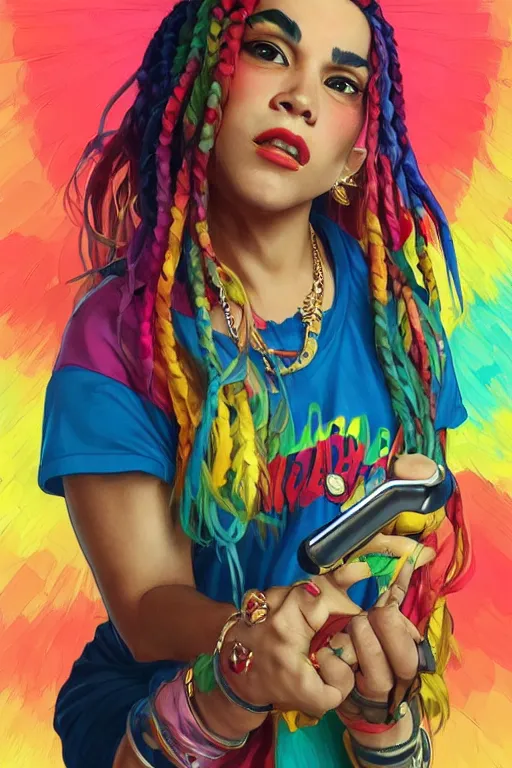 Image similar to colorful cottagecore tekashi 6ix9ine holding a microphone. intricate, elegant. highly detailed, digital painting, artstation, concept art, smooth, sharp, focus, illustration. . art by artgerm and greg rutkowski and alphonse mucha