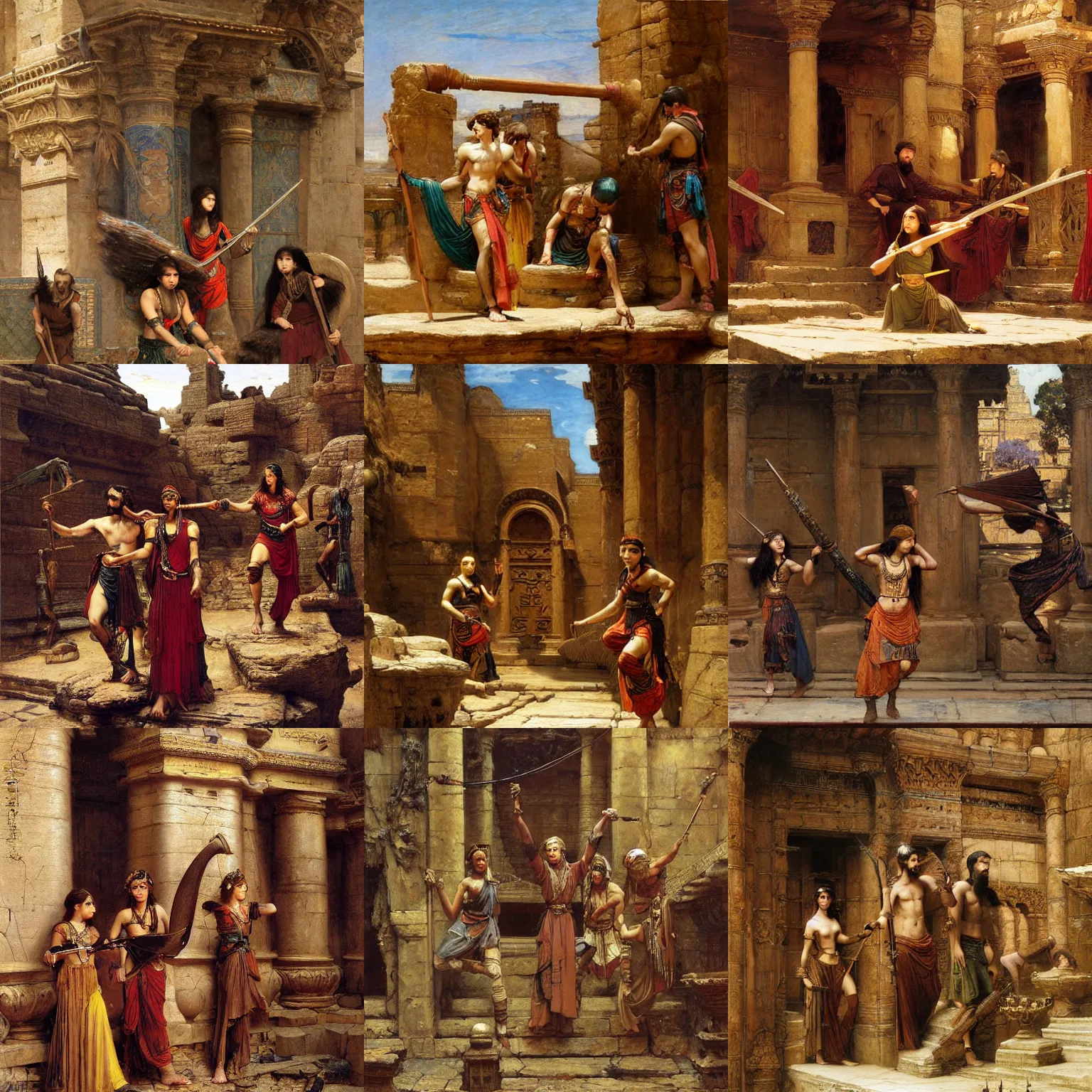 Prompt: orientalist painting of a group of adventurers in a sandstone ruin dungeons and dragons intricate artwork by john william waterhouse and Edwin Longsden Long and Theodore Ralli and Henryk Siemiradzki, levitation, industrial rusty pipes, simple form, brutal shapes high detail 8k