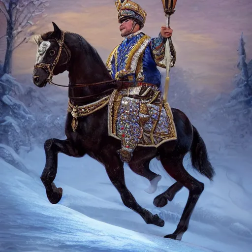 Image similar to an extremely realistic portrait depicting the coronation of viktor orban dressed in royal national costume, riding a horse on the frozen danube, detailed, intricate, elegant, highly detailed, digital painting, artstation, concept art, smooth, sharp focus, illustration,