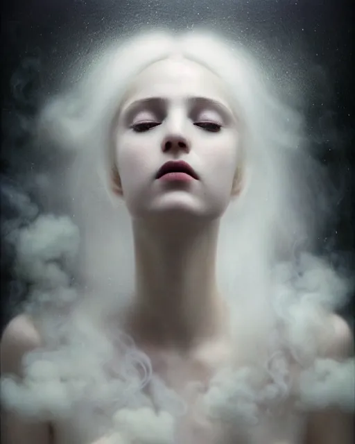 Prompt: soft, delicate, dreamy, subsurface scattering, white, young beautiful goddess in cosmos with very long white hair floating in air, fluid smoke art, black and white, octane render, dino valls, mark ryden, joe fenton, michal karcz, highly detailed, rim light, art, cinematic lighting, very coherent, hyper realism, 8 k