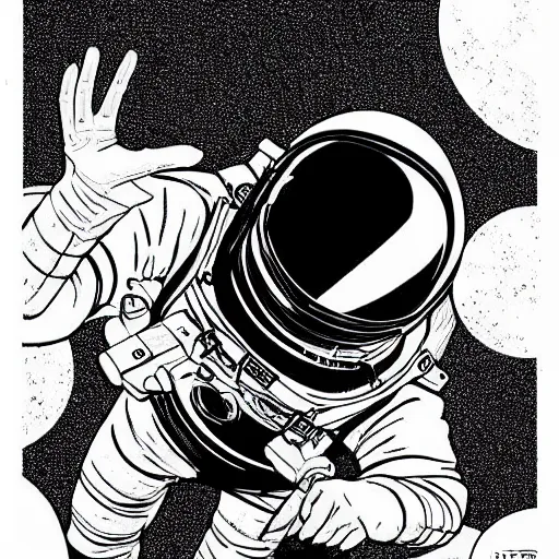 Image similar to clean simple line art of a woman floating in space. she is an astronaut, wearing a space suit. white background. well composed, clean black and white line drawing, beautiful detailed face. illustration by josan gonzalez and steve ditko and greg rutkowski