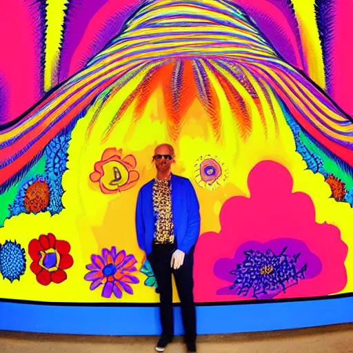 Prompt: a man standing in front of a giant painting, a pop art painting by peter max, behance contest winner, psychedelic art, psychedelic, poster art, made of flowers