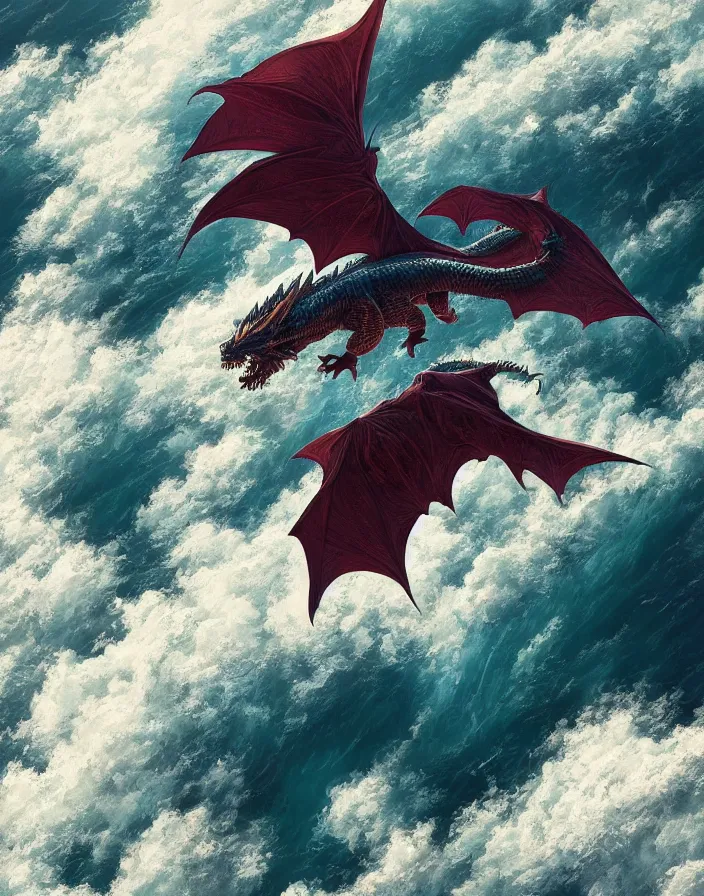 Image similar to painting of dragon flying above a vast ocean, intricate abstract. delicate artwork. by Tooth Wu, wlop, beeple, dan mumford. octane render, trending on artstation, greg rutkowski very coherent symmetrical artwork. cinematic, hyper realism, high detail, octane render, 8k, depth of field, bokeh. chrome accents.