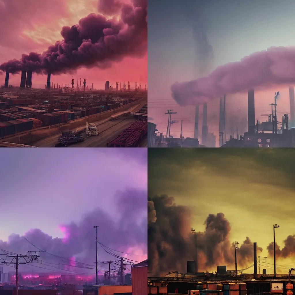 Prompt: a mauve sky over the dystopian robotic landscape, billowing smoke from several smoke stacks, flying freight ships, conveyor belt streets, night, moody lighting, expressive