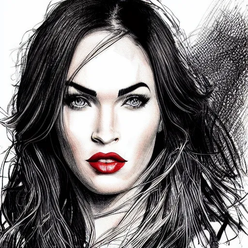 Image similar to “Megan Fox, portrait!!! Portrait based on doodles, scribbled lines, sketch by Liz Y Ahmet monochrome, concept Art, ultra detailed portrait, 4k resolution”
